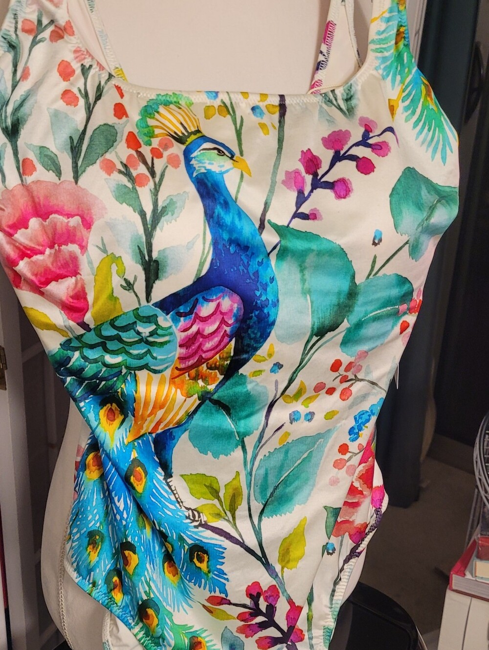 Gottex Floral Peacock Print One-Piece Swimsuit Or Resortware, Sz 14. NWT
